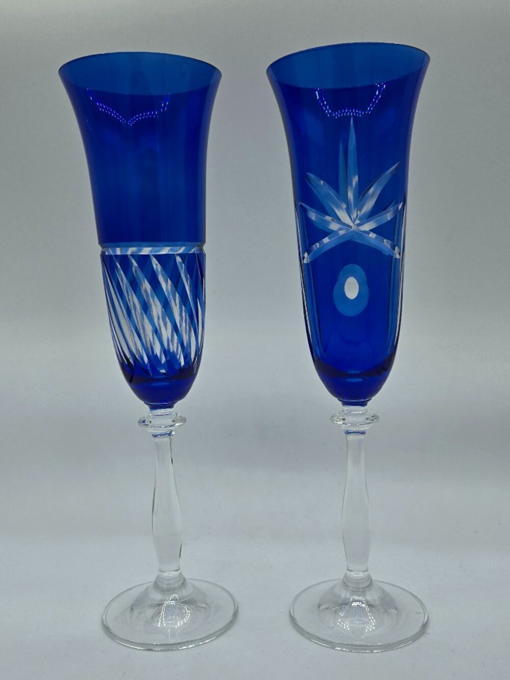 Vintage Cobalt Blue Crystal Czech Champagne Flutes Etched Crystal - Set of 2